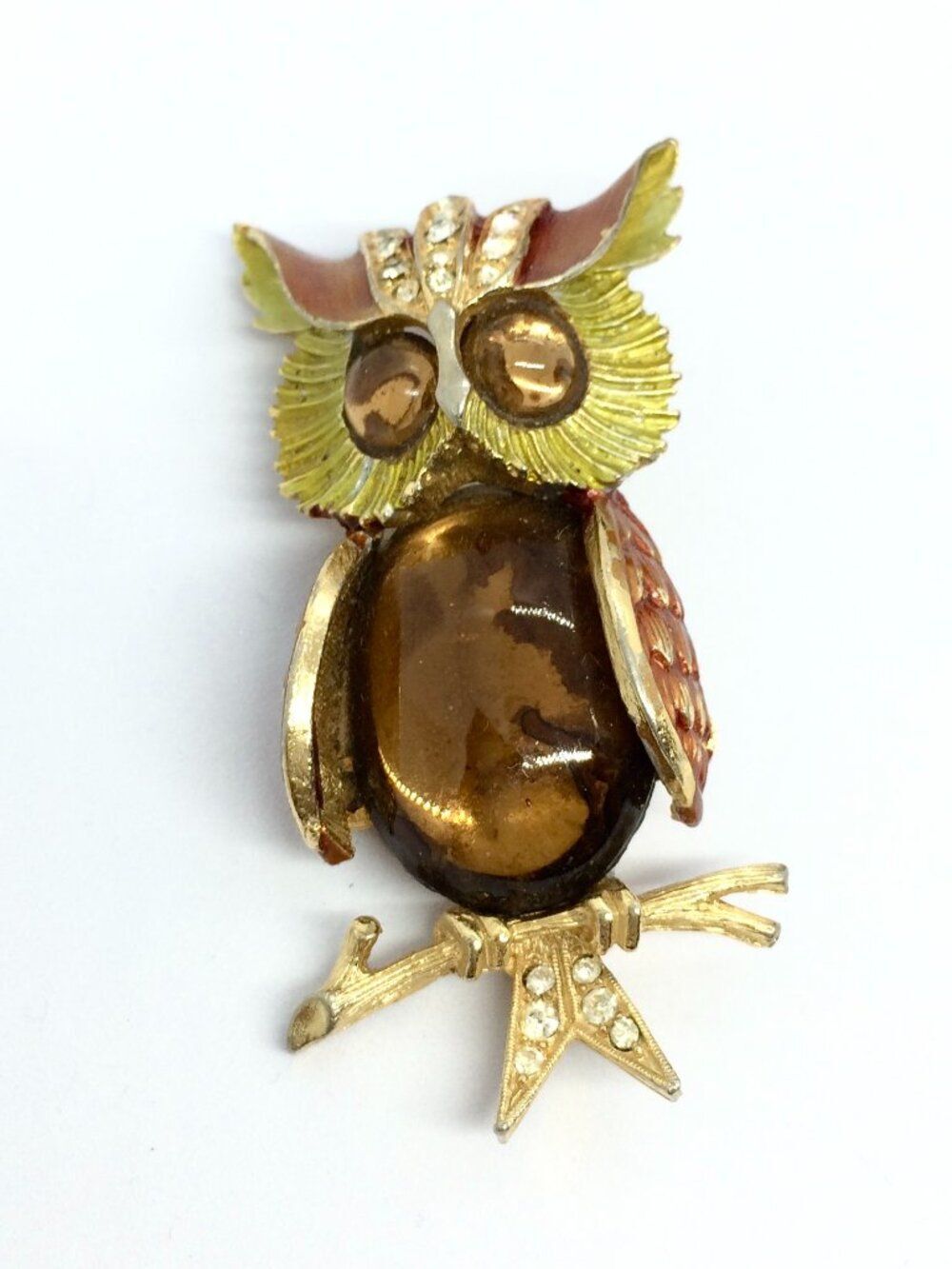 VINTAGE ART Arthur Pepper OWL Brooch Jelly Belly Rhinestone Gold Tone Pin